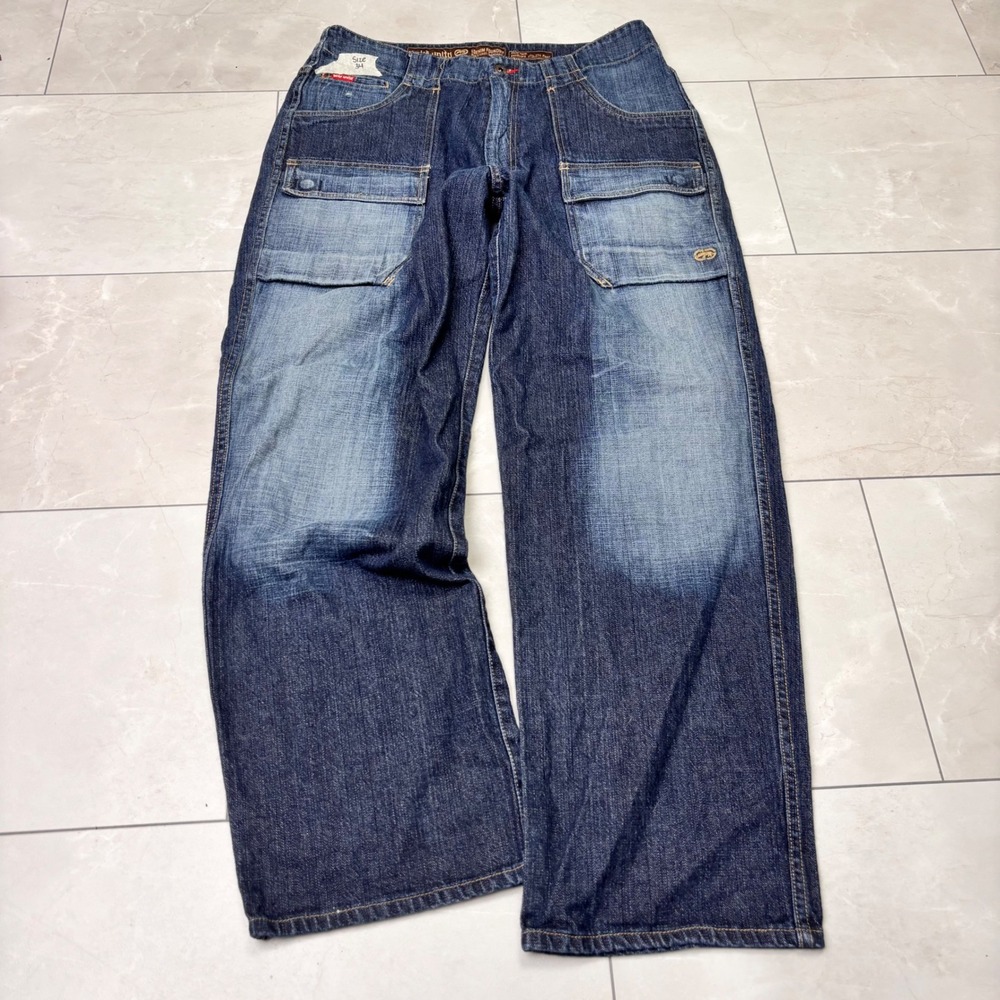 Vintage Y2K Ecko Unltd insanely faded Utility Jeans 34 Baggy Cargo HipHop Skater
